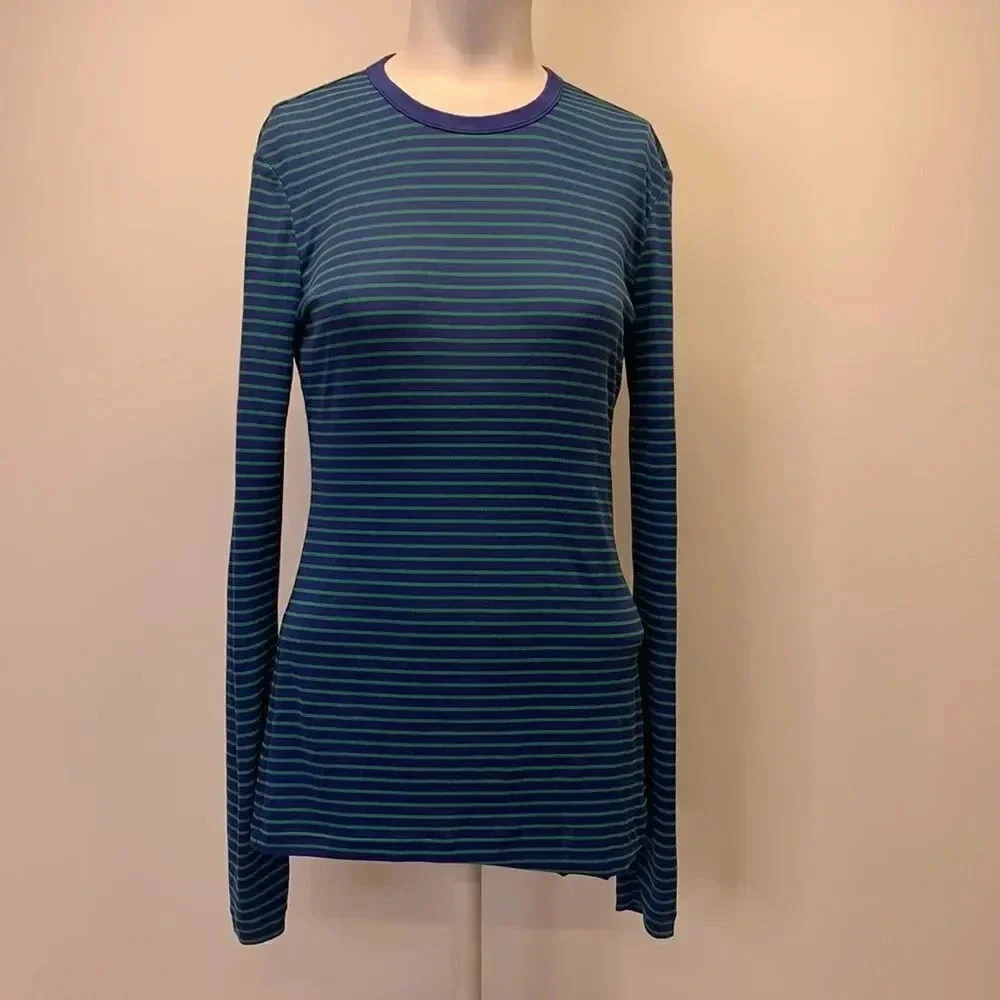 Tory Burch Sport T-Shirt Long Sleeve Tee Top Shirt Striped Blue Green Size Small